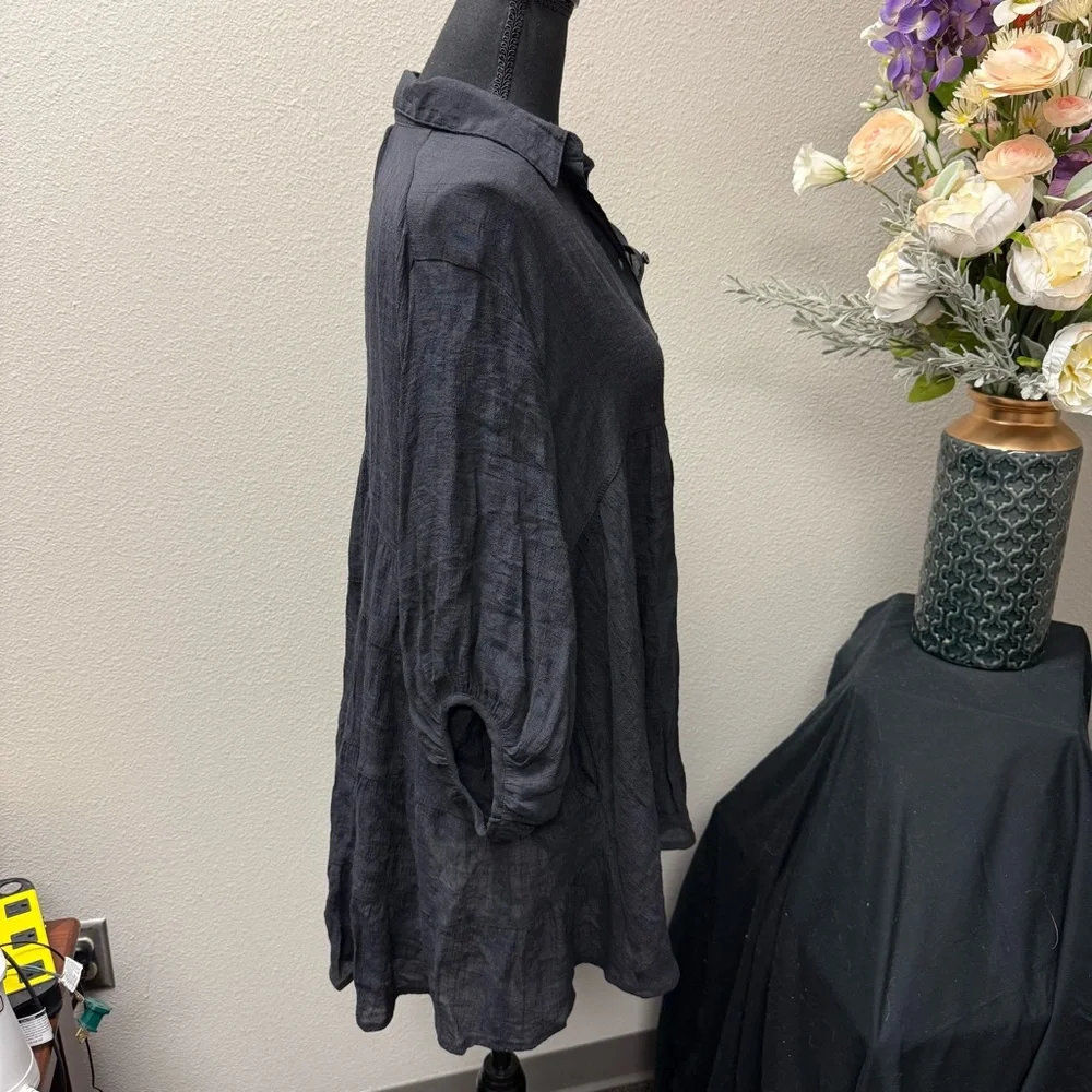 Umgee Black Button Front Tunic Top Small Boho Flowy Long Sleeve Casual Shirt - Picture 4 of 7